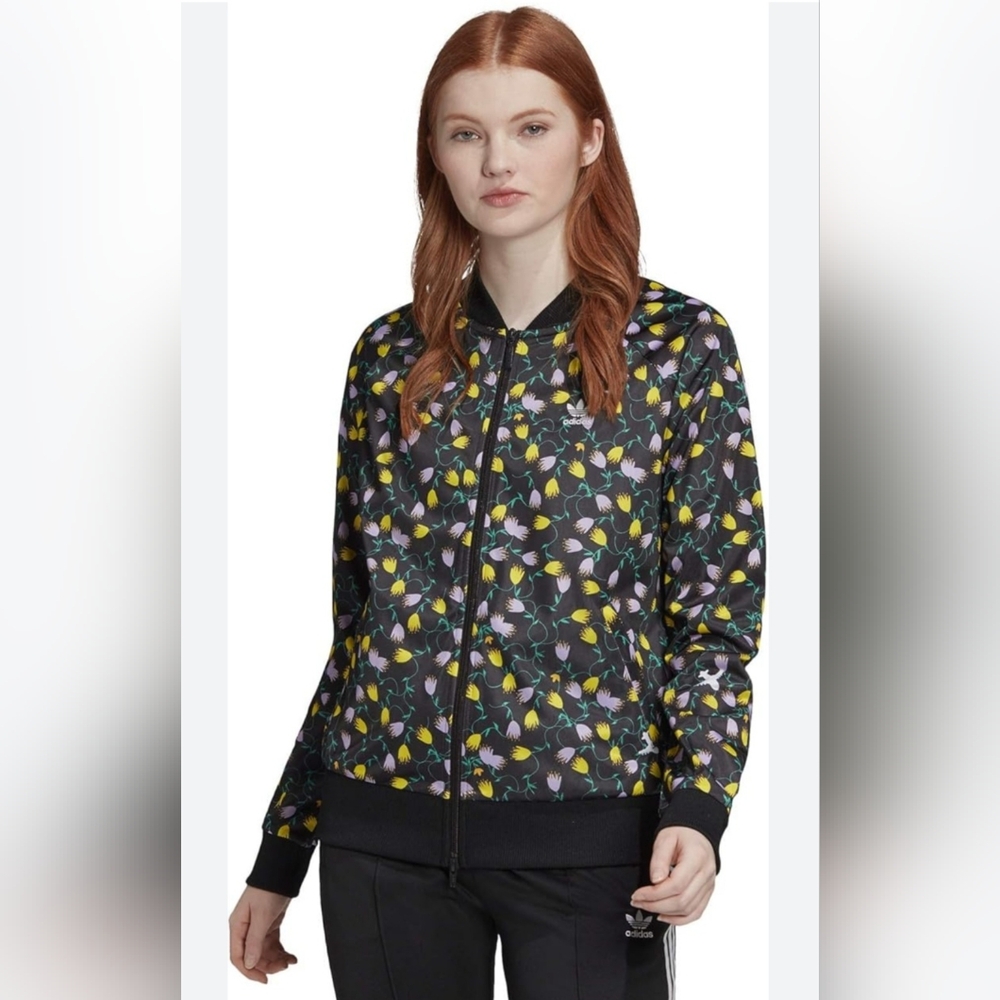 Adidas Black Jacket with Yellow and Purple Floral Design